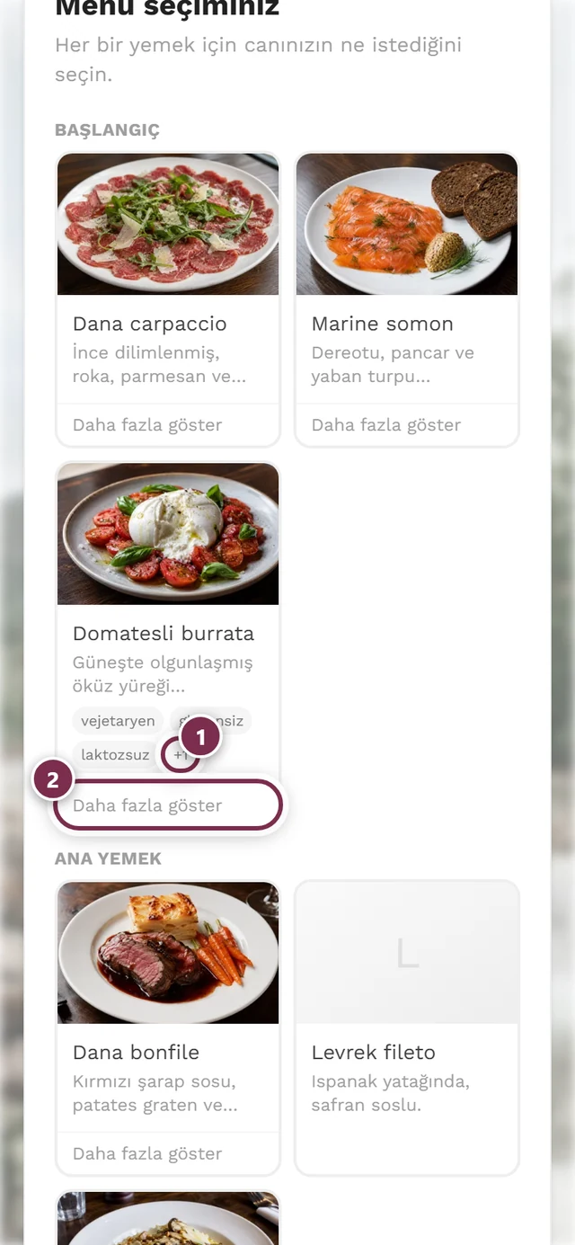 Notlarda artı bir hapı ve Daha fazla göster düğmesiyle yemek kartı