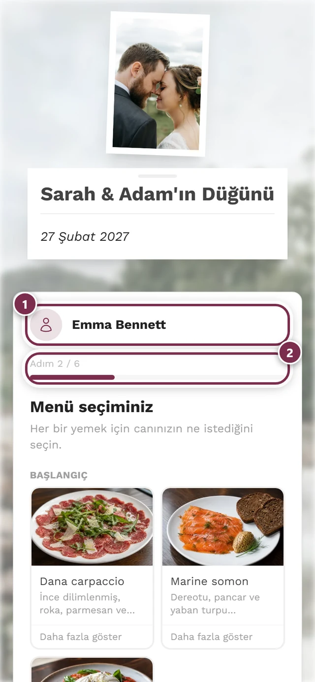 Üstte ad kartı ve 6 adımdan 2. adım göstergesiyle kişisel bağlantı üzerinden yanıt formu