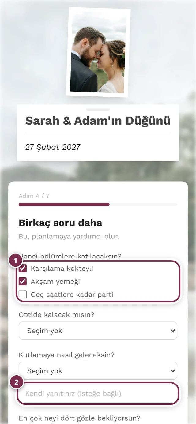İşaretli kutularla çoklu seçim ve altında bir serbest metin sorusu