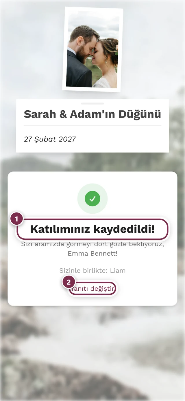 Katılım kaydedildi başlığı ve Yanıtı değiştir düğmesiyle onay sayfası