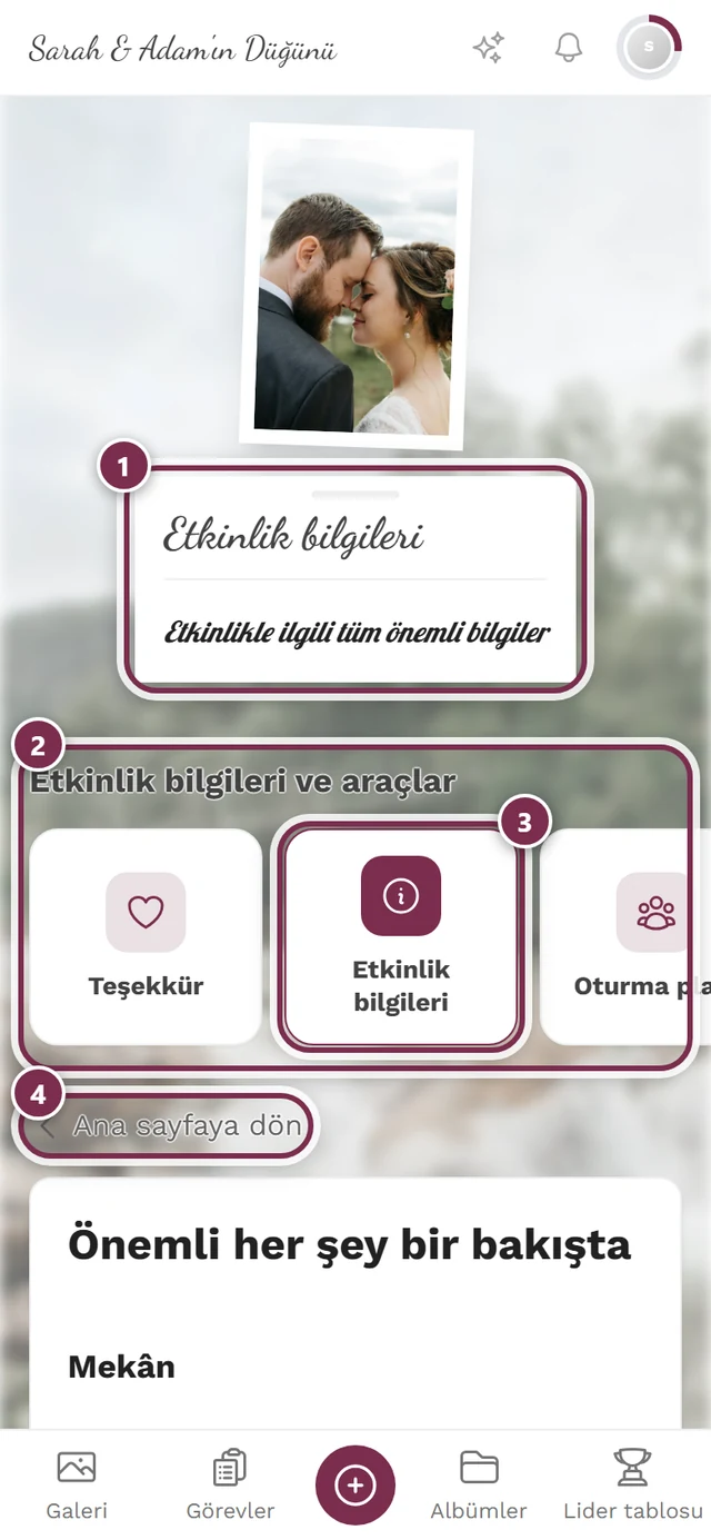 Başlık kartı, kutucuk şeridi, etkin kutucuk ve geri bağlantısı etrafında numaralı halkalarla misafir görünümünden araç sayfası