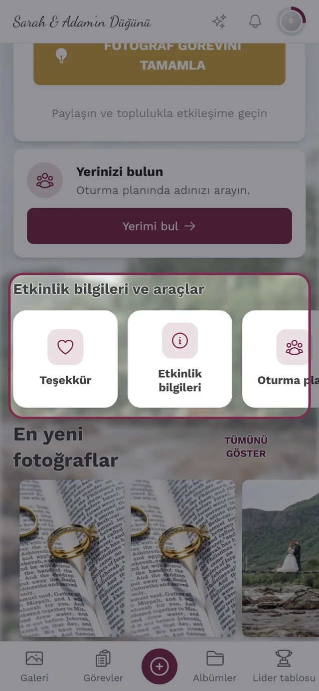 Etkinlik bilgileri ve araçlar şeridiyle etkinlik ana sayfası
