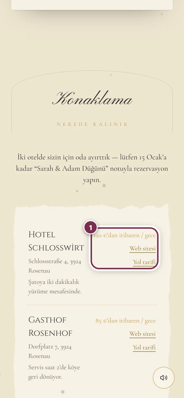 İki konaklama yeri ve ilkinde fiyat, web sitesi ve yol tarifi etrafında halkayla Konaklama bölümü