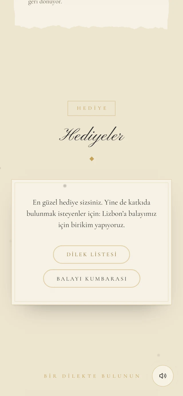 Bir metin ve İstek listesi ile Seyahat kumbarası düğmeleriyle Hediyeler bölümü