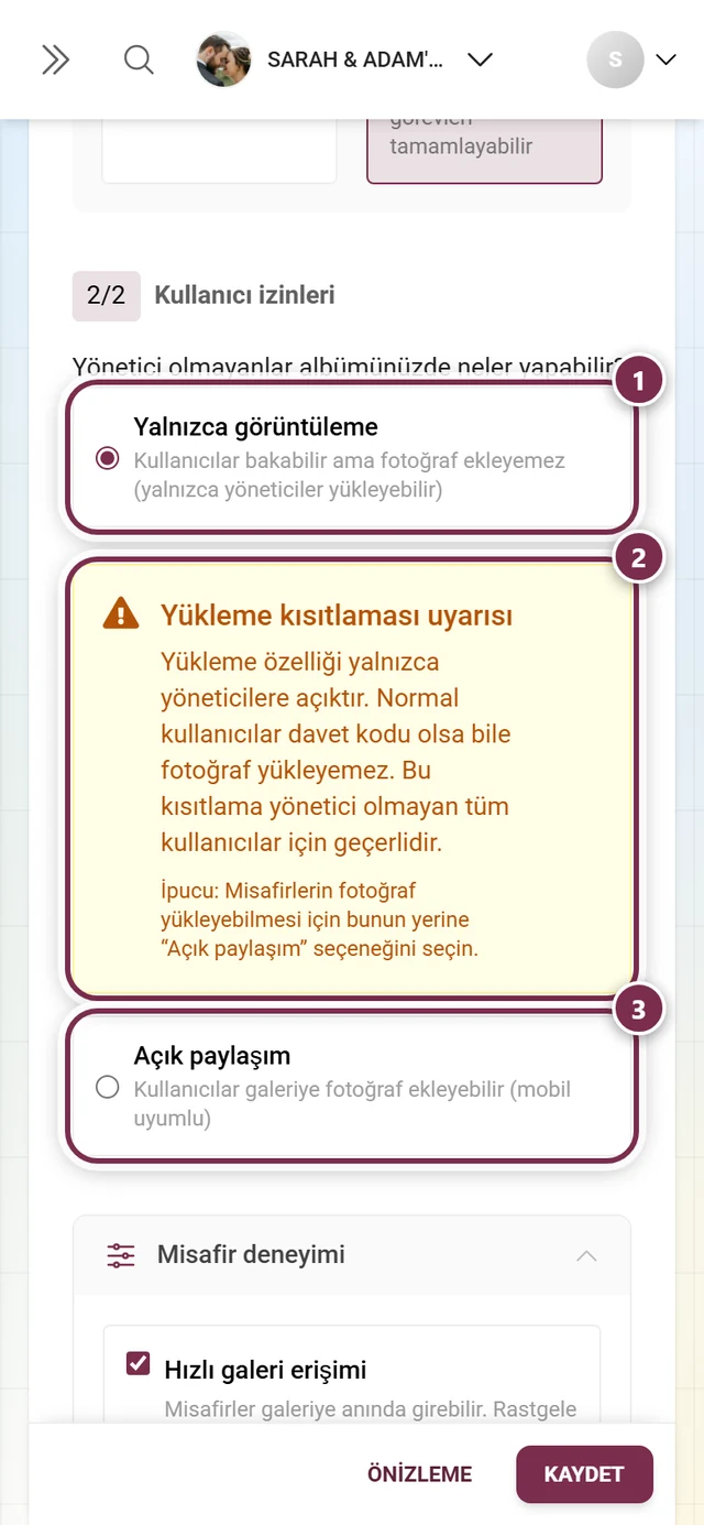 Yalnızca görüntülenebilen galeri seçili ve sarı Yükleme kısıtlaması uyarısıyla Kullanıcı izinleri bölümü