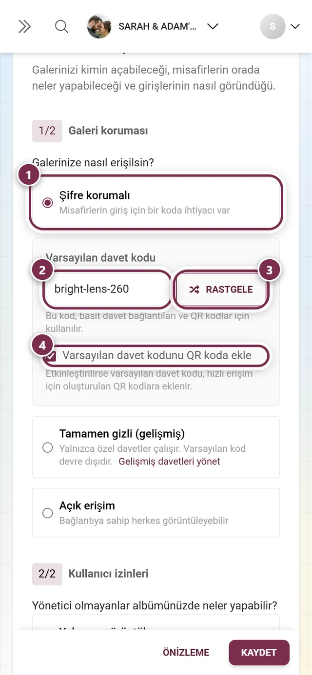 Şifre korumalı seçili, Varsayılan davet kodu alanı, Rastgele düğmesi ve QR kod onay kutusuyla galeri koruması