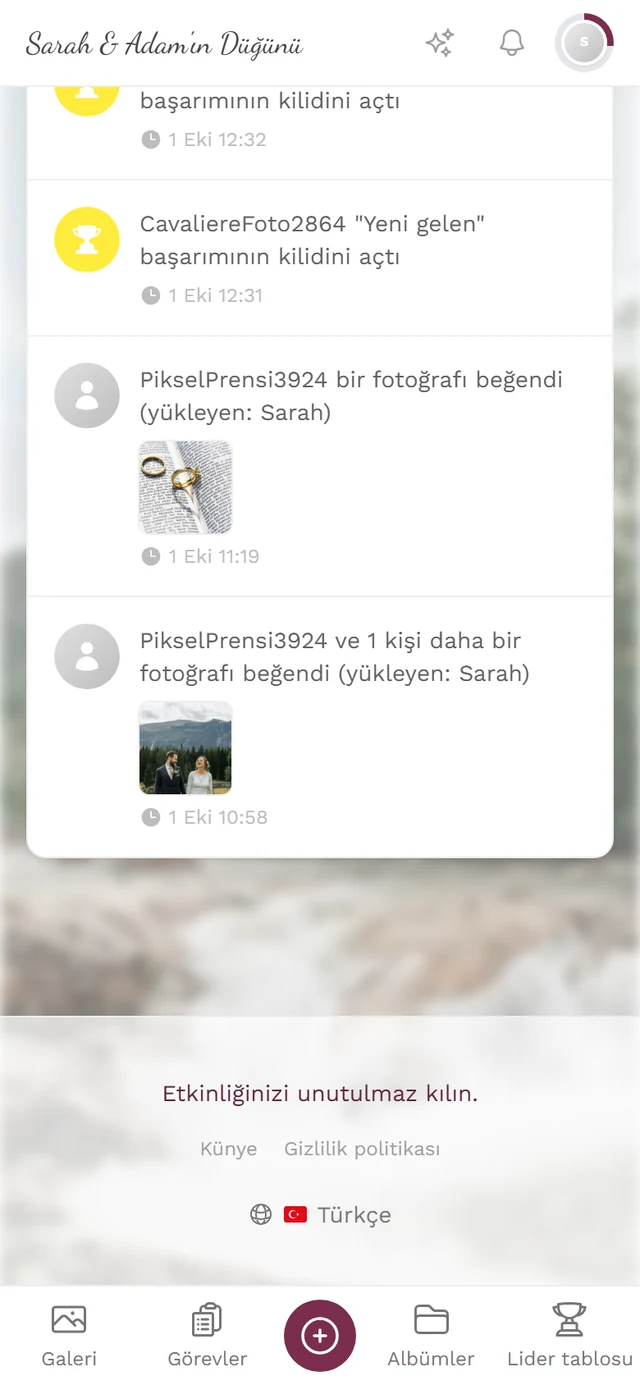 Künye ve Gizlilik bağlantılarıyla etkinlik ana sayfasının alt kısmı