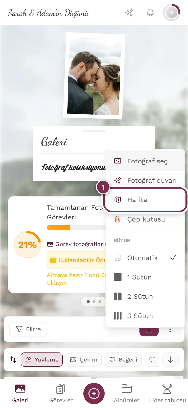 Harita öğesi işaretlenmiş, galeride açık üç nokta menüsü