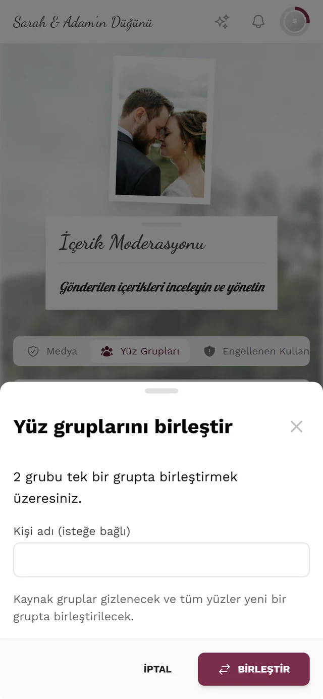 Küme sayısı, Kişi adı (isteğe bağlı) alanı ile İptal ve Birleştir düğmeleri bulunan Yüz kümelerini birleştir penceresi