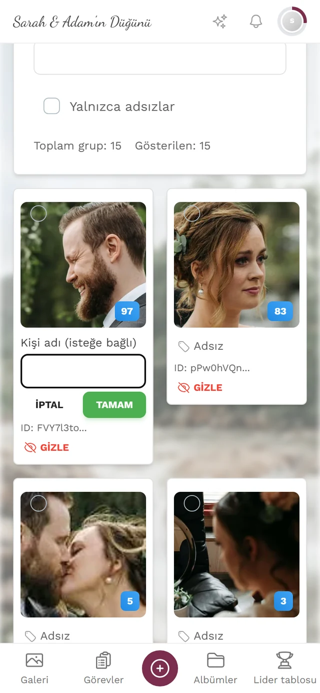 Kişi adı (isteğe bağlı) alanı ile İptal ve Tamam düğmeleri bulunan, yeniden adlandırma modundaki küme kutucuğu