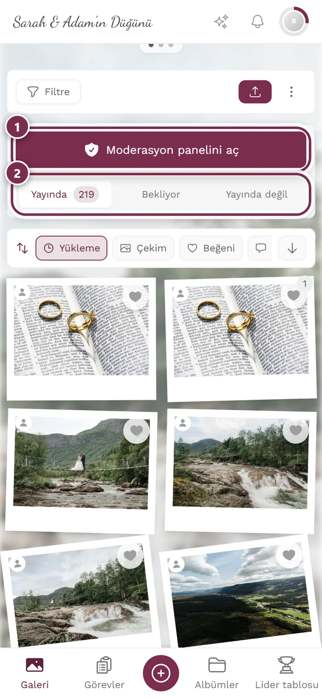 Moderasyon panosunu aç düğmesi ve durum filtresiyle telefondaki moderasyon paneli