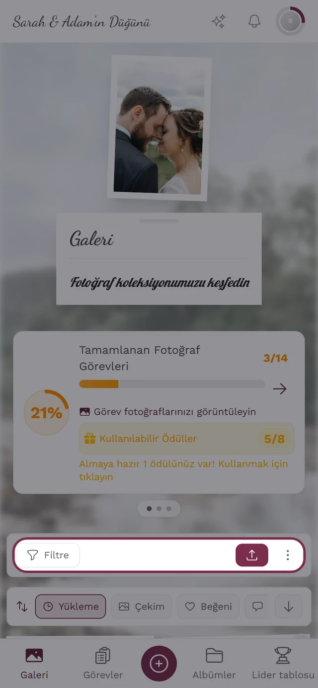 Filtre, Yükle, Seç, Fotoğraf duvarı ve Harita içeren galeri araç çubuğu