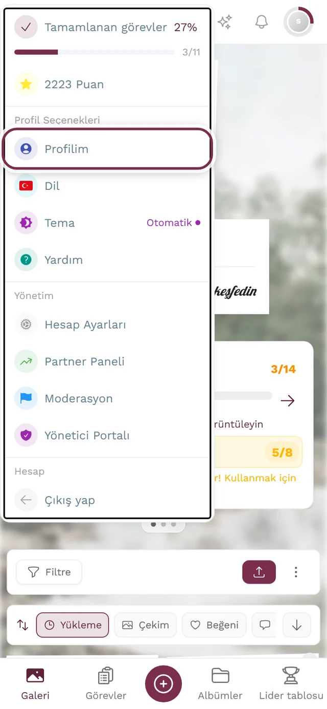 Sağ üstte açılmış profil menüsü, Profilim öğesi işaretli