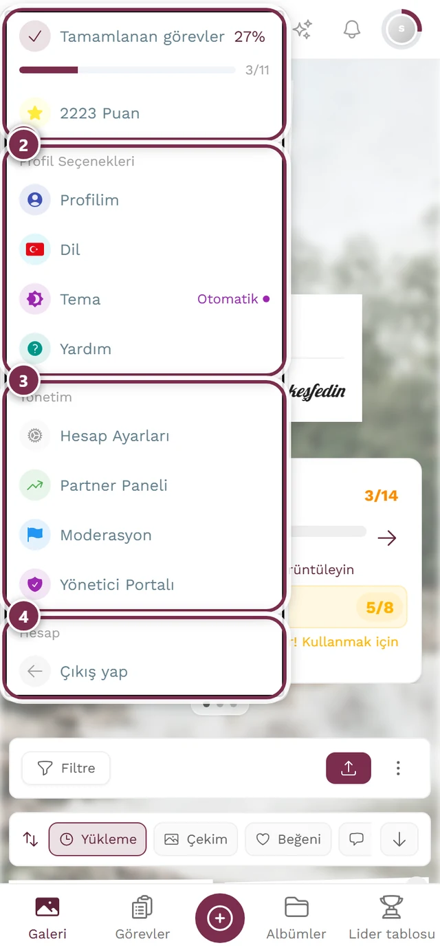 Profil seçenekleri ve yönetimle sağ üstte açık profil menüsü