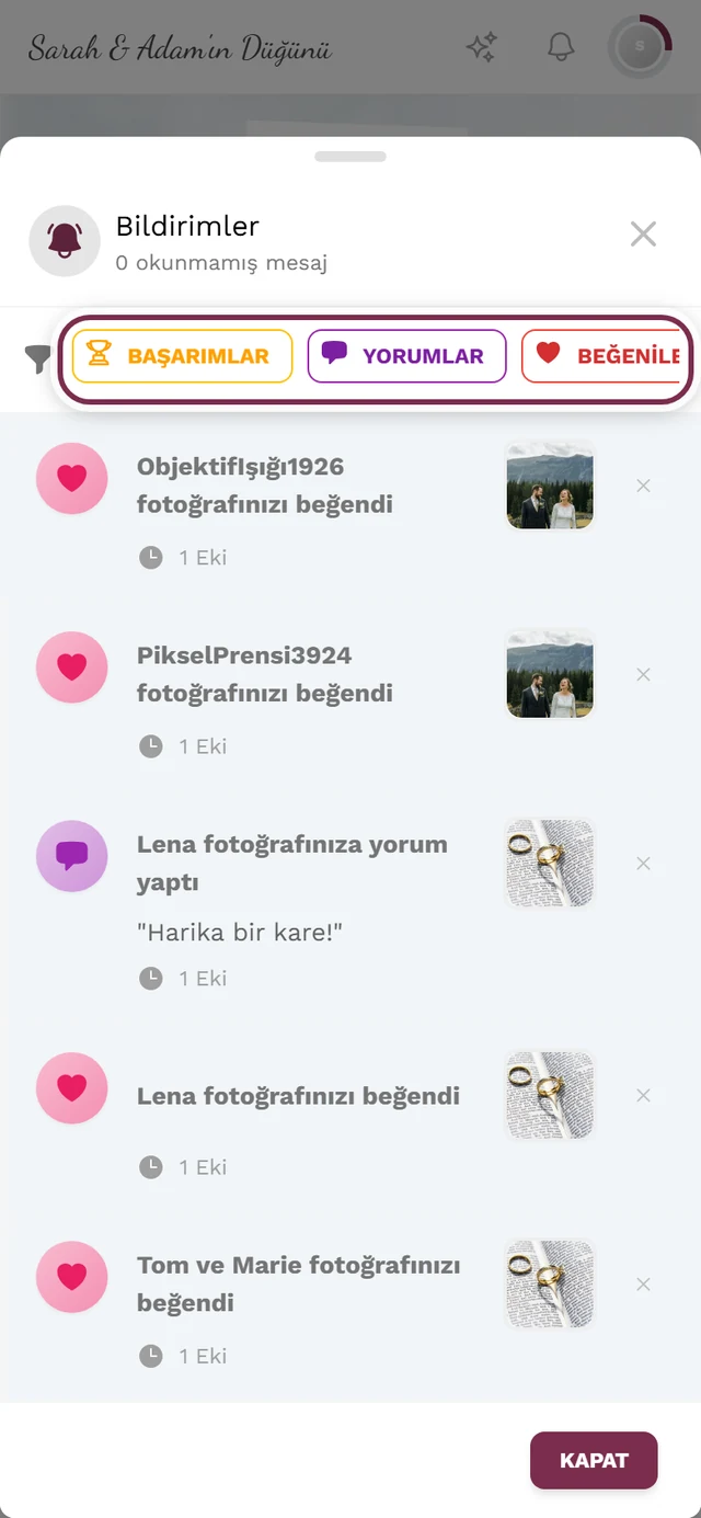 Tür etiketleriyle filtre çubuğu işaretlenmiş, açık bildirimler menüsü