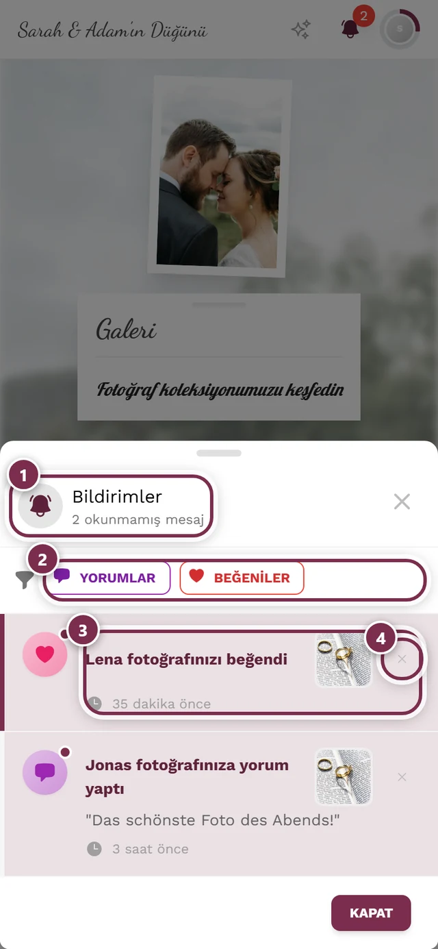 Dört işaretli bildirim iletişim kutusu: başlık, filtre, giriş, silme