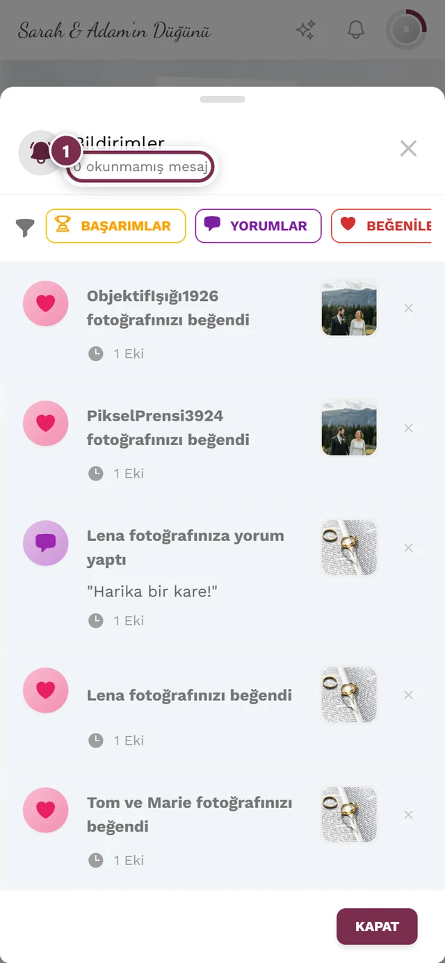 Okunmamış mesajlar satırı işaretlenmiş, açık bildirimler iletişim kutusu