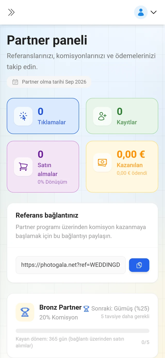 Göstergeler ve tavsiye bağlantısıyla satış ortağı panosu