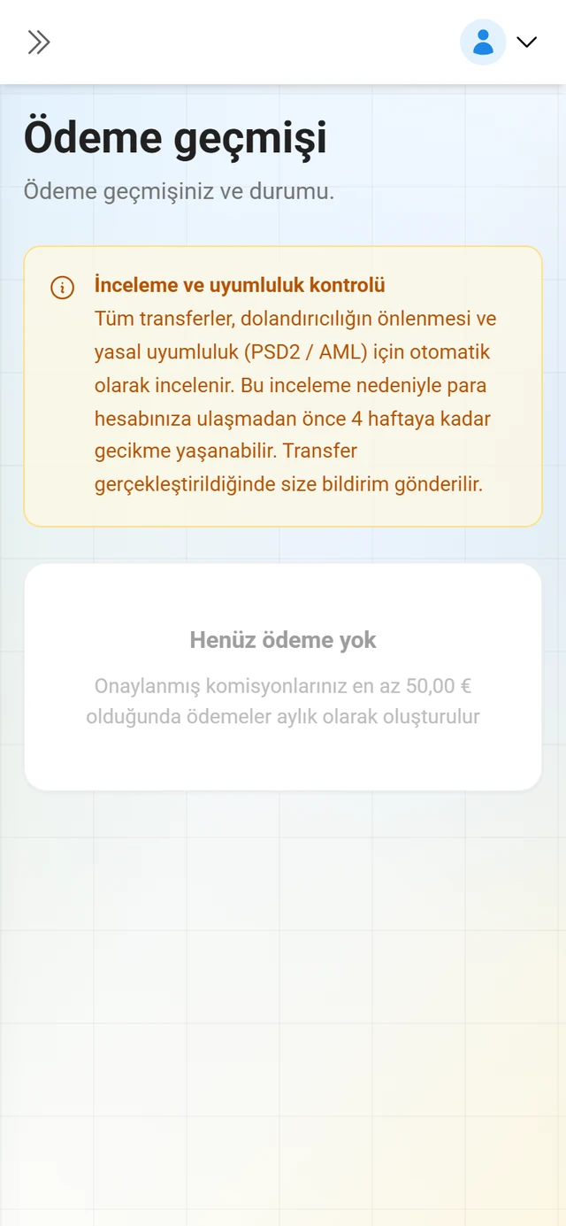İş ortağı portalında ödeme geçmişi