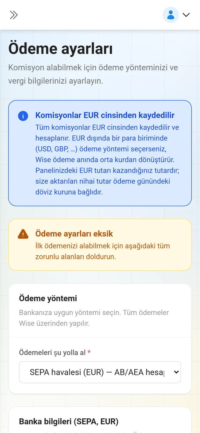 İş ortağı portalında ödeme ayarları ve vergi bilgileri
