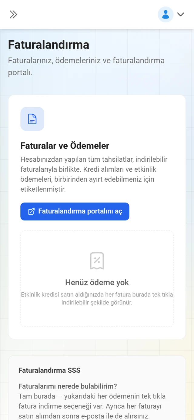 Faturalar ve ödemeler listesiyle Faturalama sayfası