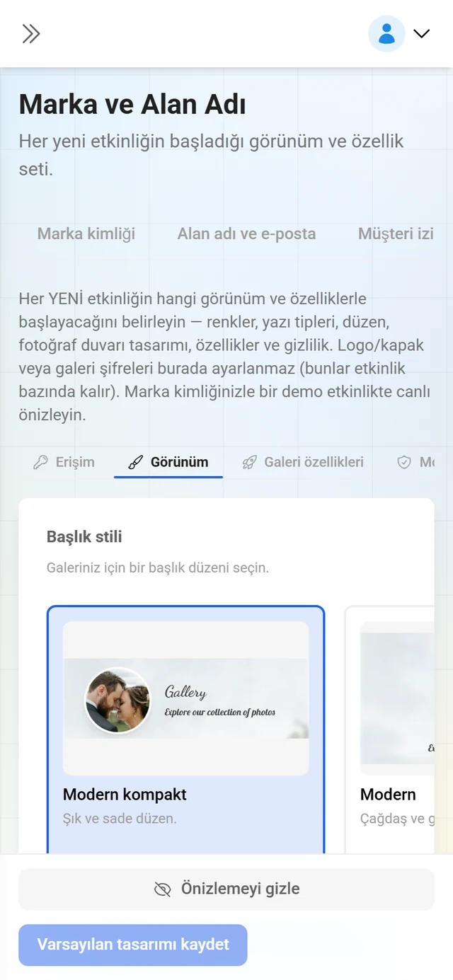 Stil, fotoğraf duvarı ve gizlilik varsayılanlarıyla Varsayılan tasarım sekmesi