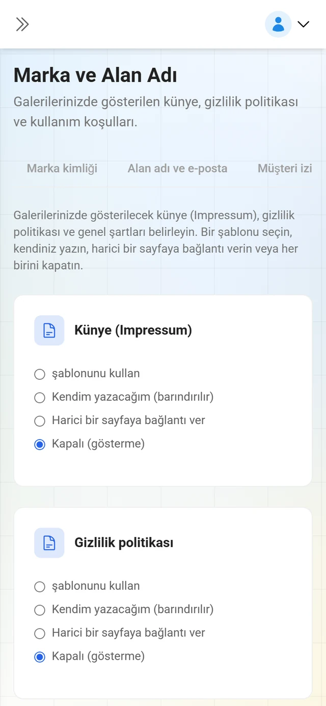 Marka yönetiminin Yasal metinler sekmesi