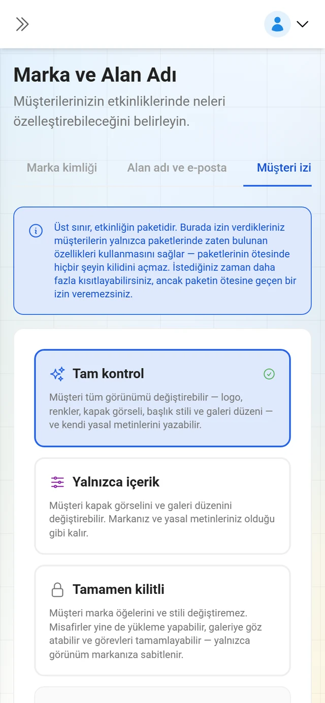 Her alan için anahtarlarla Müşteri izinleri sekmesi
