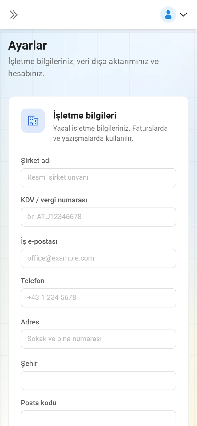 Şirket bilgileri formuyla Ayarlar sayfası