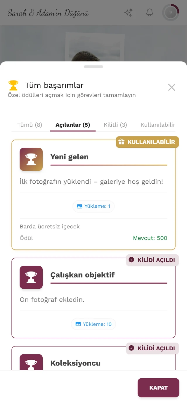 Tümü, Açılan ve Kilitli sekmeleriyle Tüm olası başarımlar diyaloğu