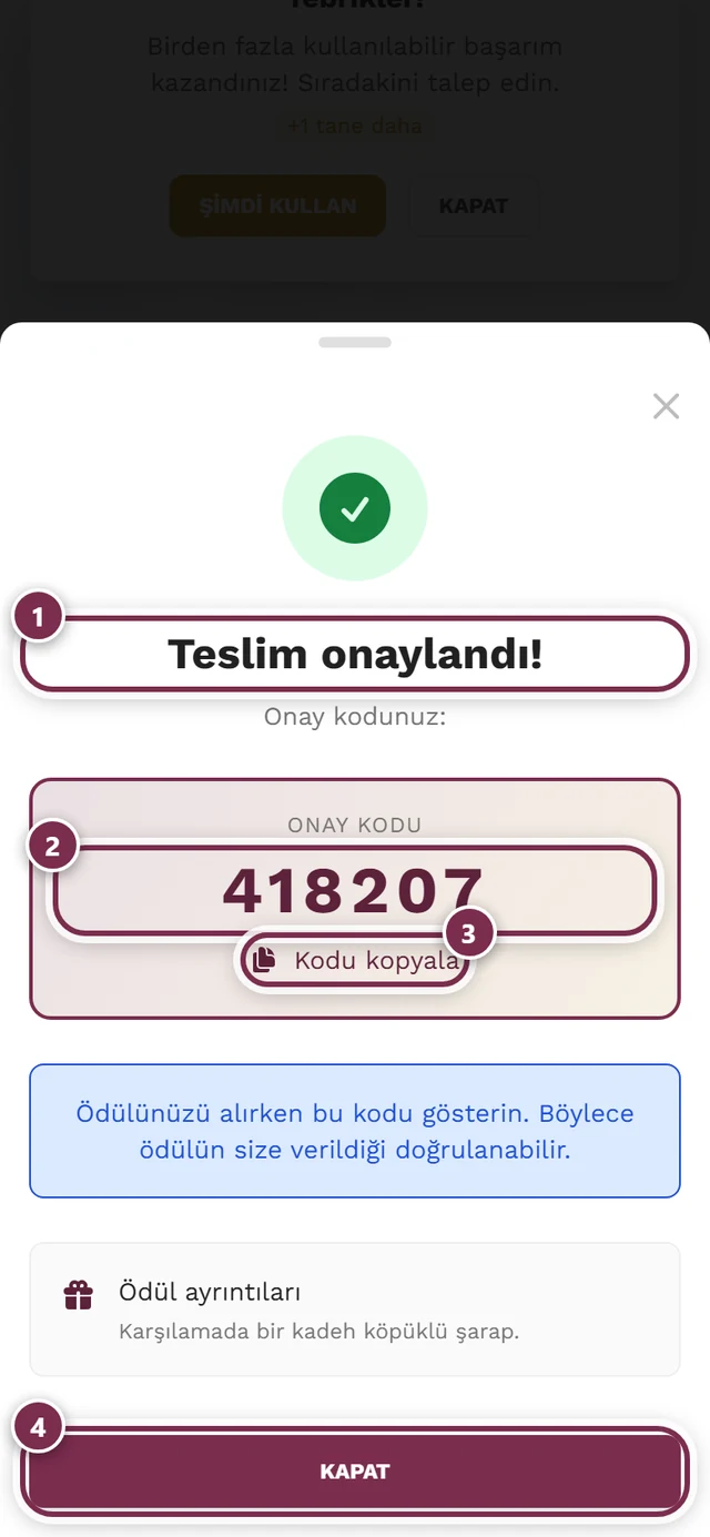 Altı haneli onay kodu ve dört işaretle başarı iletişim kutusu