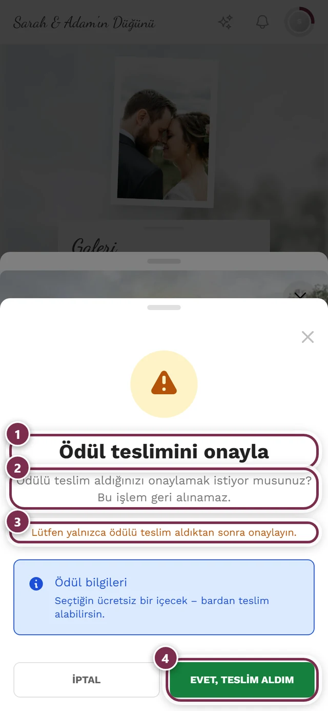 Dört işaretle “Ödül teslimini onayla” uyarı iletişim kutusu