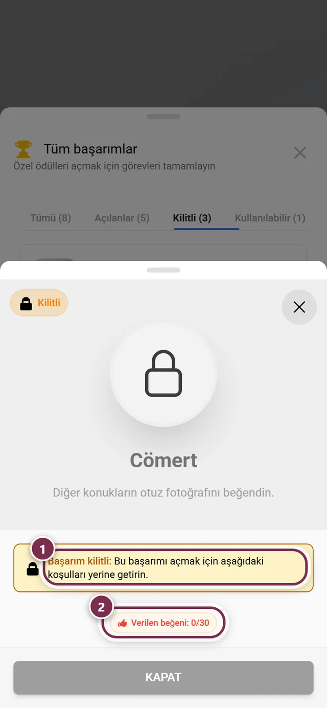 Kırmızıyla işaretli bilgi kutusu ve kırmızıyla işaretli gereksinim listesiyle kilitli bir başarımın diyaloğu