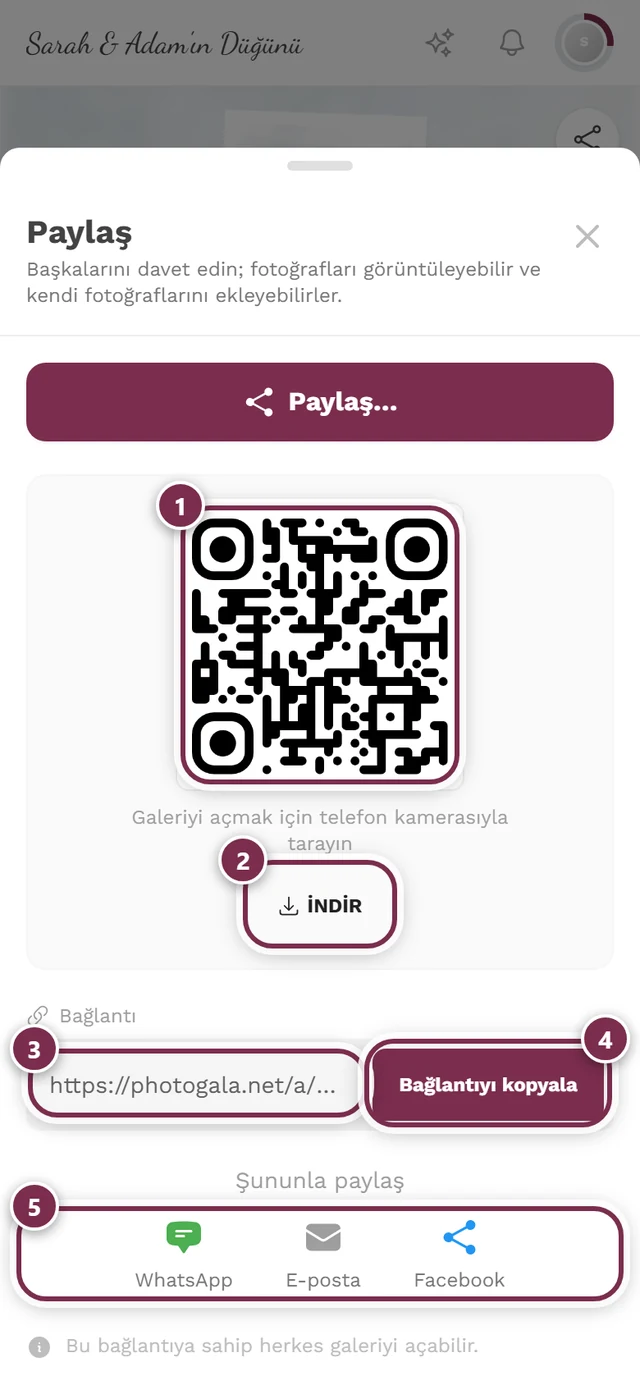 QR kod, İndir düğmesi, bağlantı alanı, Bağlantıyı kopyala ve doğrudan paylaşım düğmeleriyle paylaşım iletişim kutusu