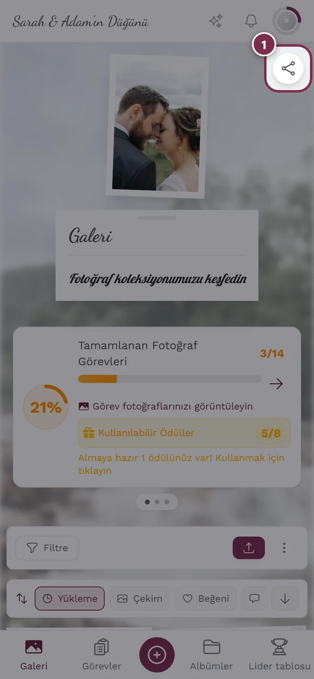 Sağ üstte vurgulanmış yuvarlak paylaş simgesiyle galeri