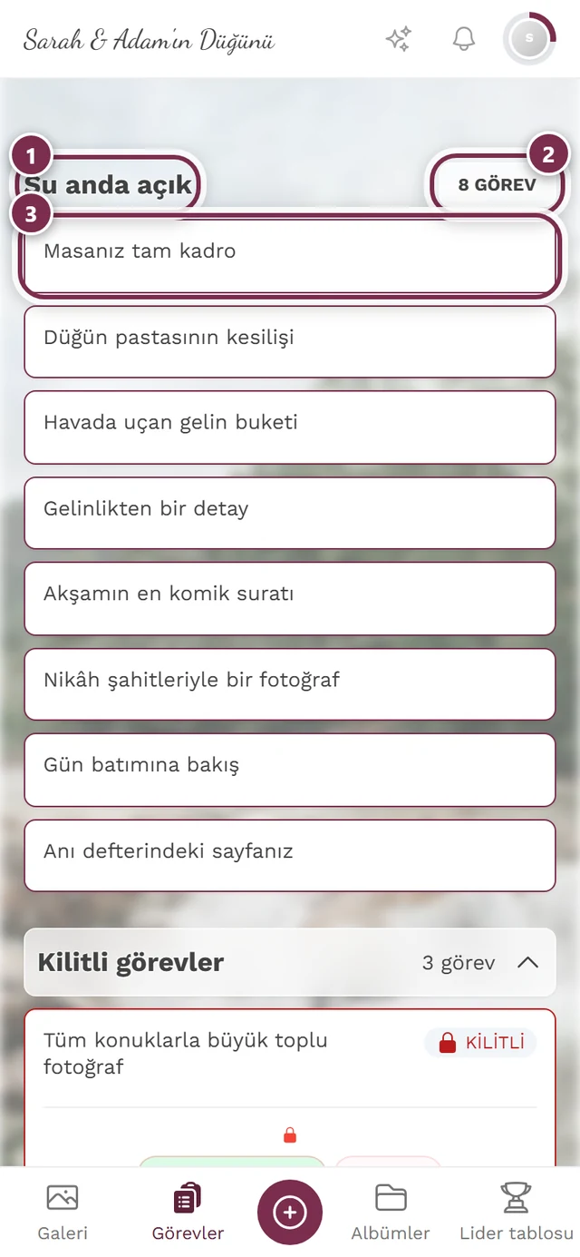 Üç işaretli Şu anda kullanılabilir bölümü: başlık, sayaç, ilk görev kartı