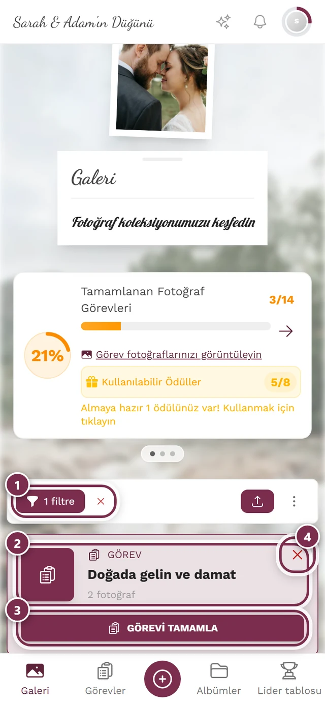 Dört işaretli, bir göreve göre filtrelenmiş galeri: filtre çipi, görev başlığı, Görevi çöz düğmesi, kaldırmak için X