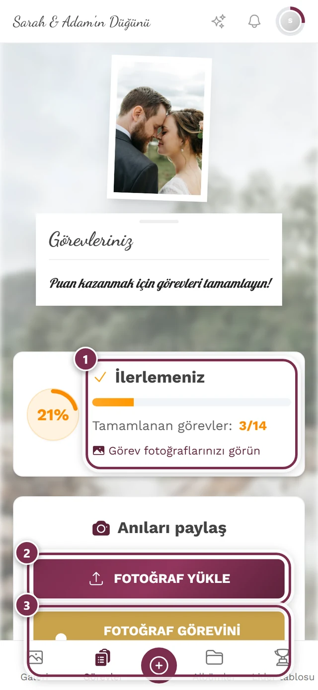 Üç işaretli Görevler sayfası: ilerleme, görsel yükle, fotoğraf görevini çöz