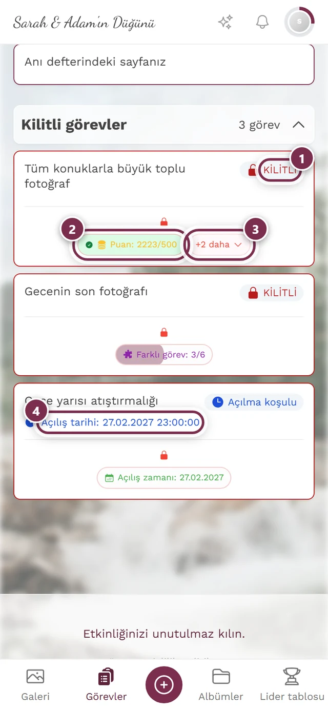 Dört işaretli kilitli görevler: Kilidi açmak için gerekenler satırı, koşul çipi, diğer koşulları gösteren çip, tarih satırı