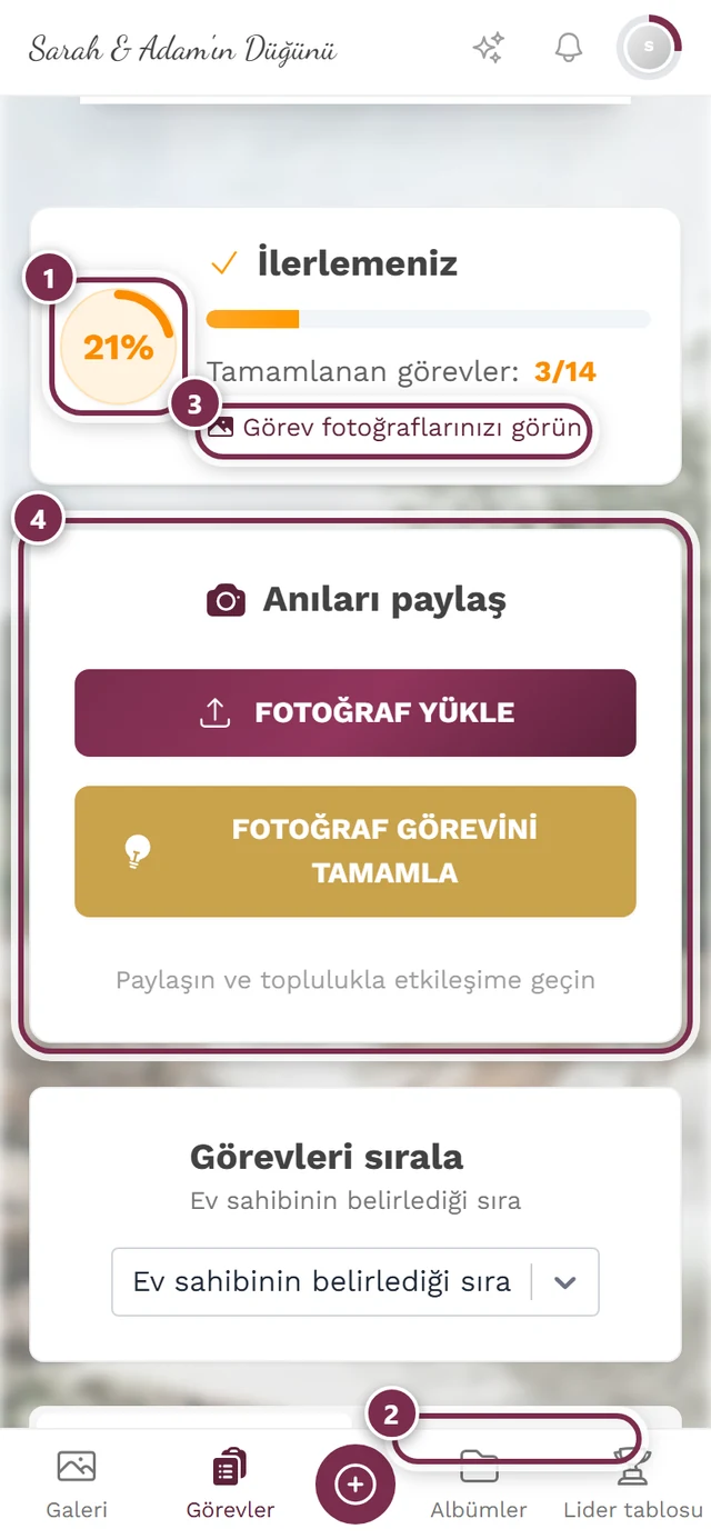 Dört işaretli görevler sayfası üst kısmı: ilerleme halkası, Tamamlanan görevler satırı, bağlantı, Anıları paylaş kartı
