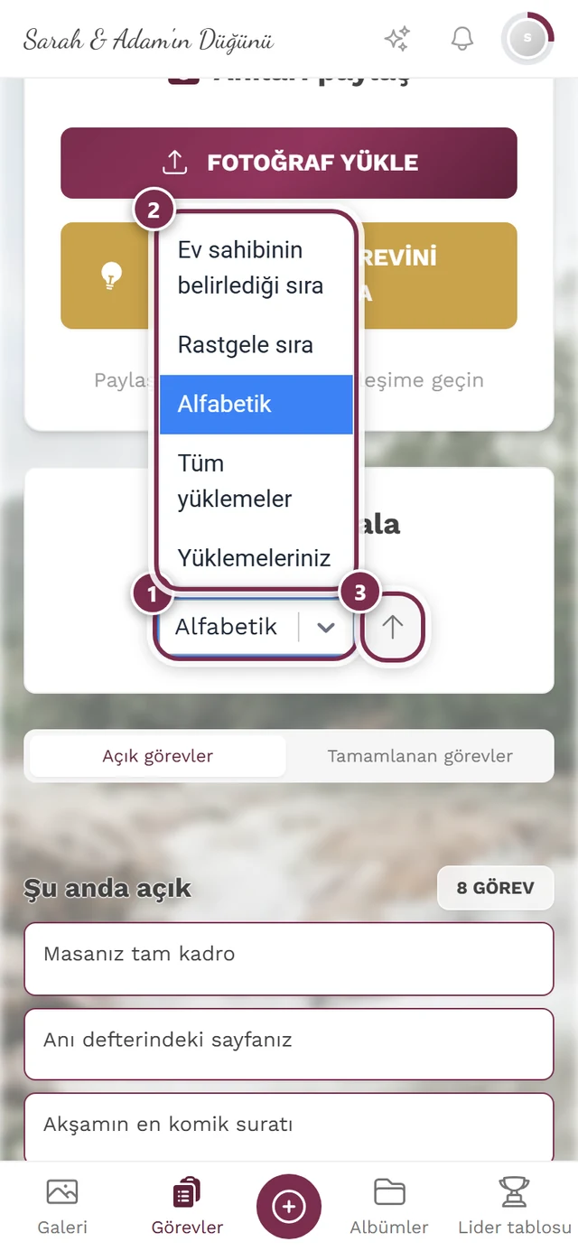 Dört işaretli açık sıralama seçim alanı: seçim alanı, seçenek listesi, yön oku, yeniden karıştır