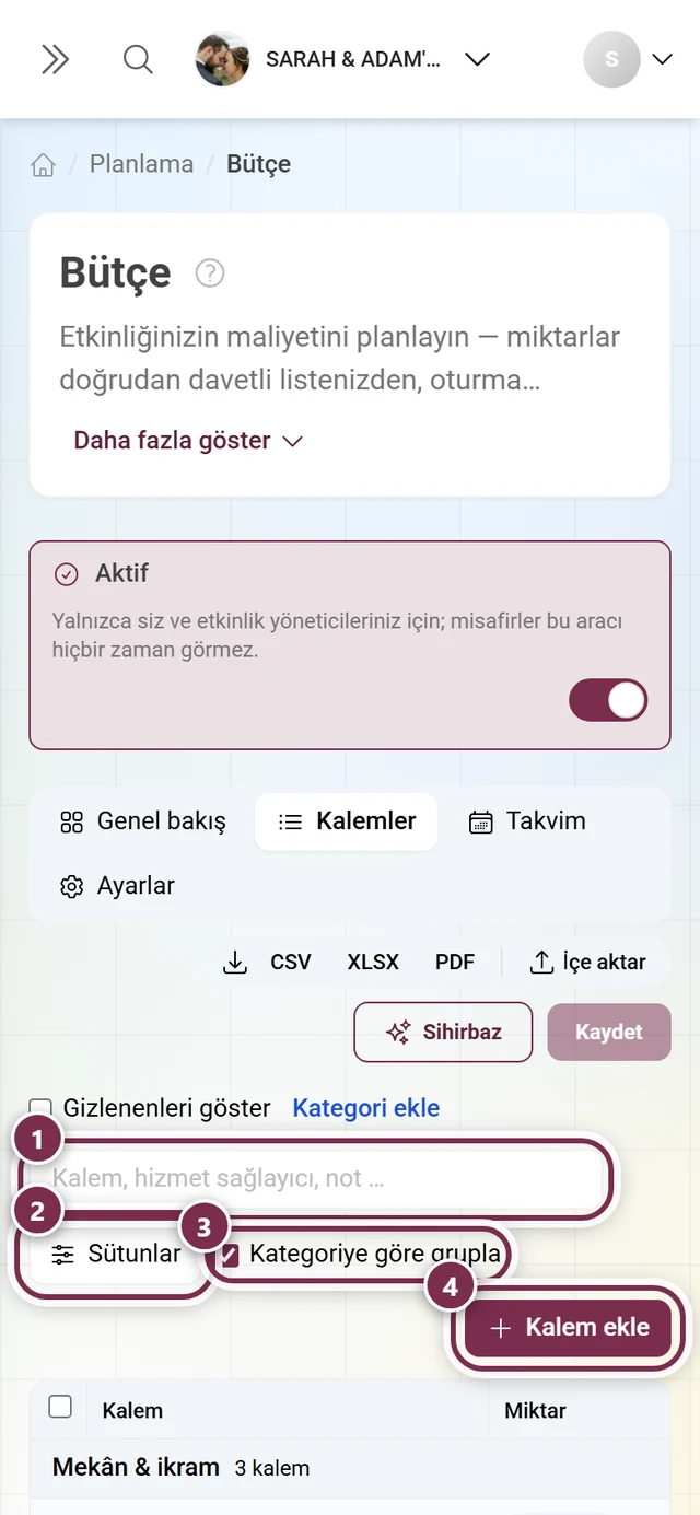 Arama, sütunlar, gruplama ve kalem ekleme ile kalem tablosunun üstündeki araç satırı