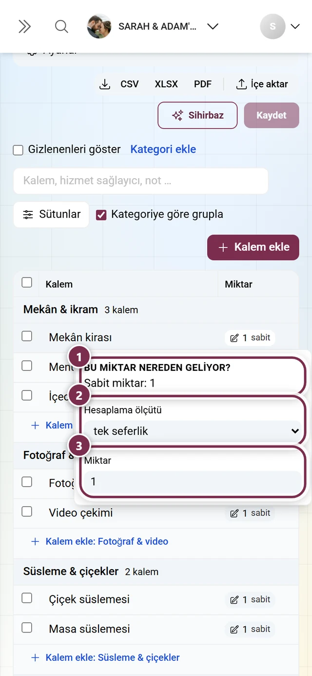 Açıklama, etken seçimi ve miktar alanıyla açılmış miktar menüsü