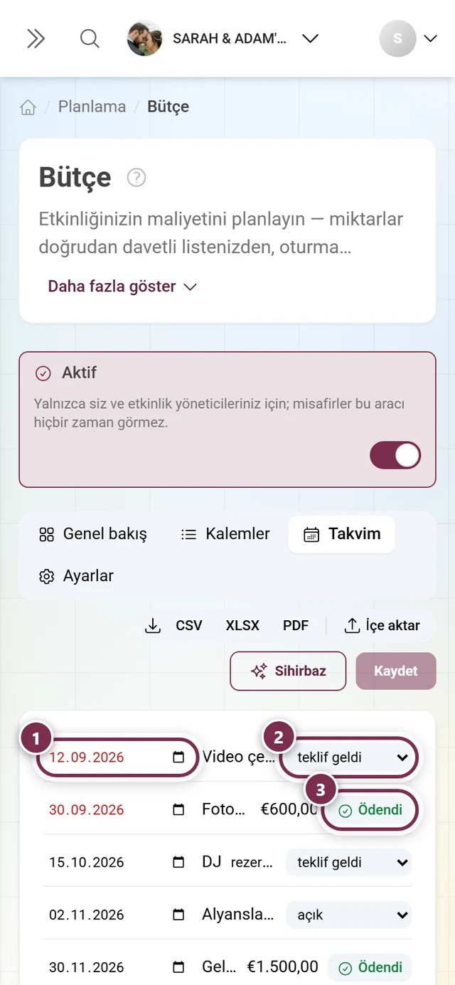 Son tarih, bir rezervasyonun durumu ve bir taksitteki Ödendi düğmesiyle yol haritası