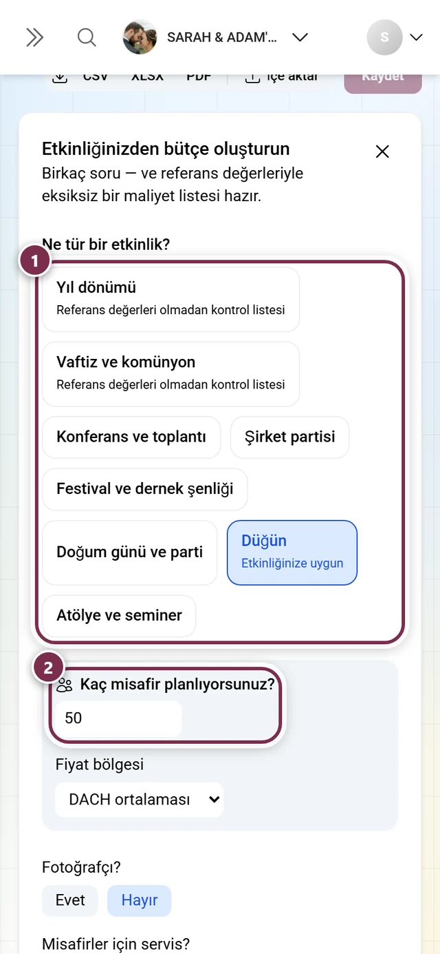 Vesile kutucukları ve misafir sayısı sorusuyla sihirbaz