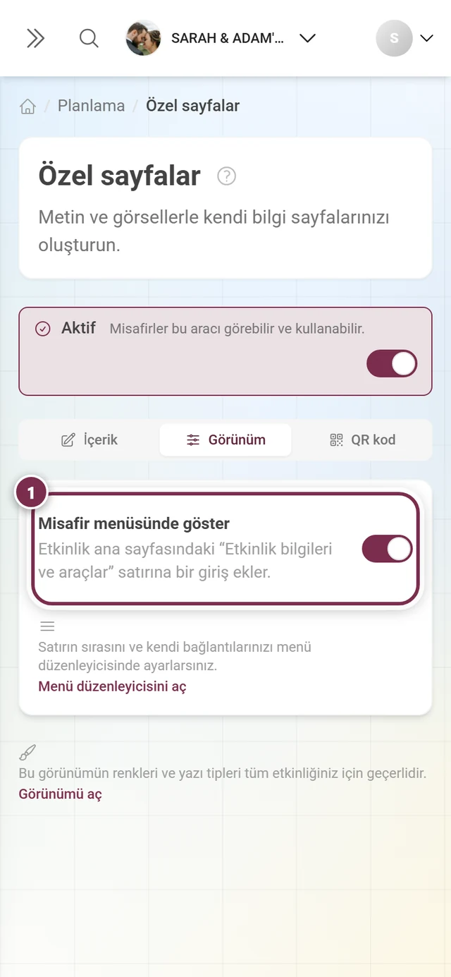 Misafir menüsünde öğe anahtarı işaretlenmiş Özel sayfalar Görüntüleme sekmesi