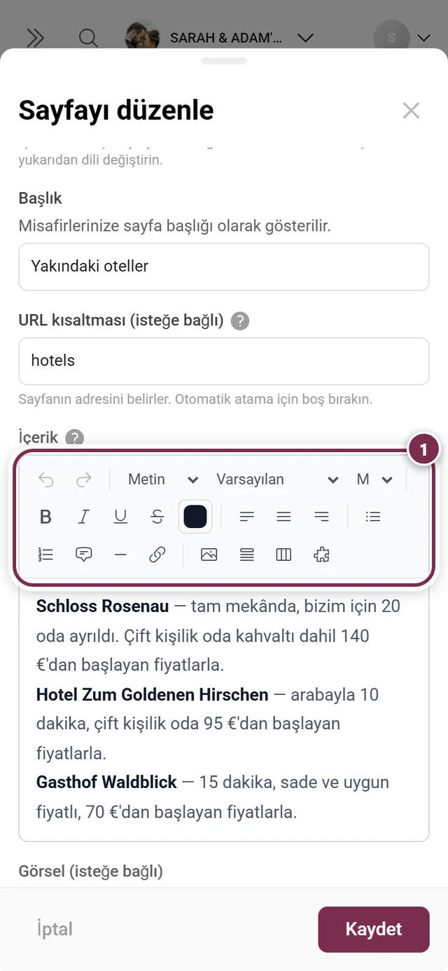 Zengin metin düzenleyicisinin araç çubuğu işaretlenmiş sayfa iletişim kutusu