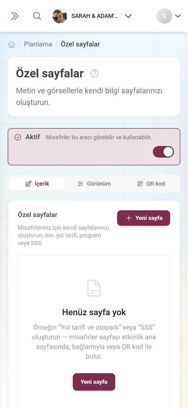 Henüz sayfa yok notu ve Yeni sayfa düğmesiyle Özel sayfaların boş durumu