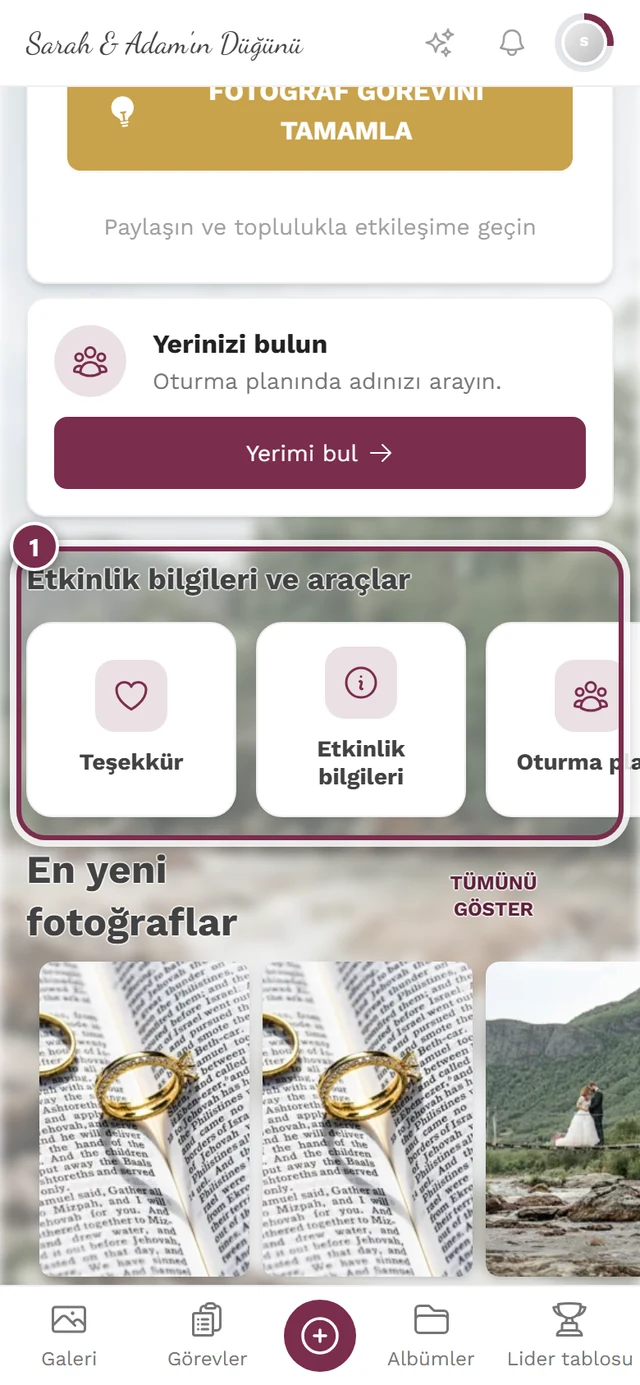 Bir özel sayfanın kartı işaretlenmiş, misafir ana sayfasındaki Etkinlik bilgileri ve araçlar şeridi