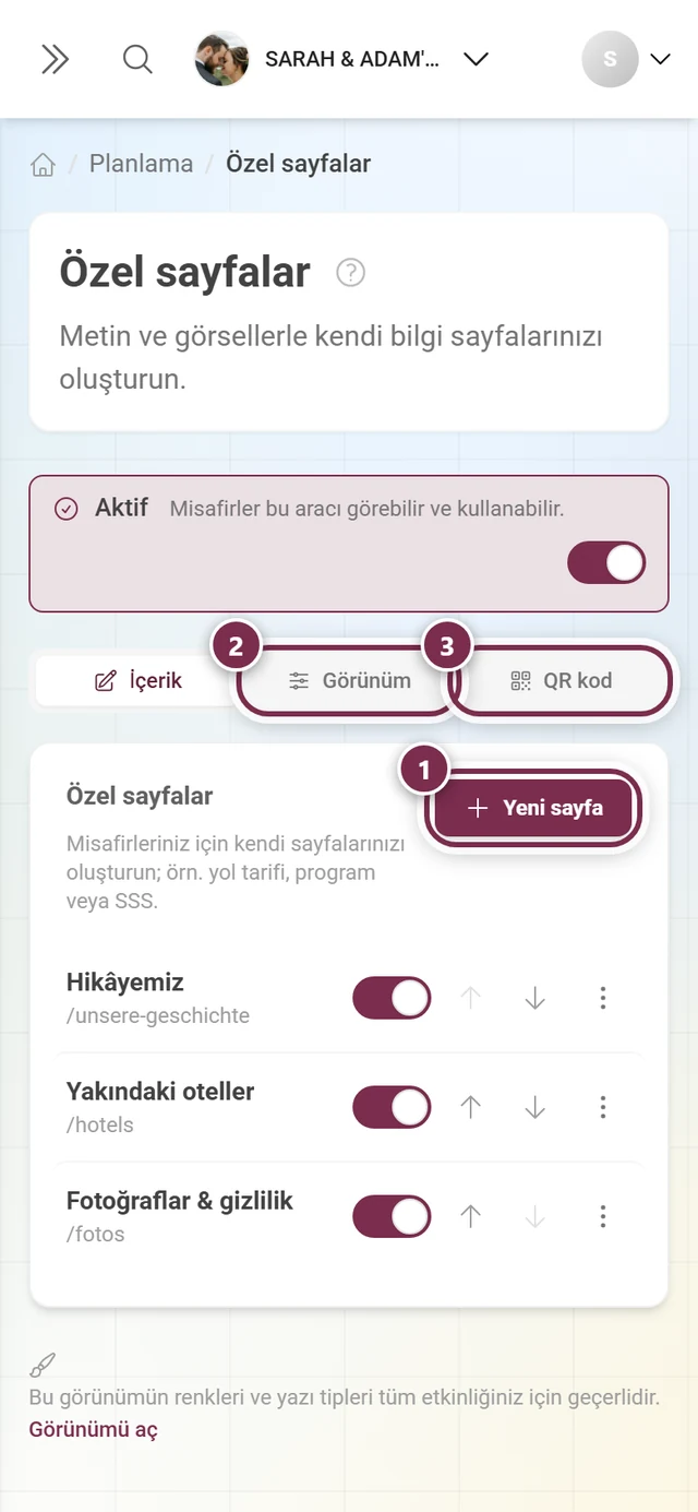 Yeni sayfa düğmesi ile Görüntüleme ve QR kod sekmeleri işaretlenmiş Özel sayfalar başlık alanı